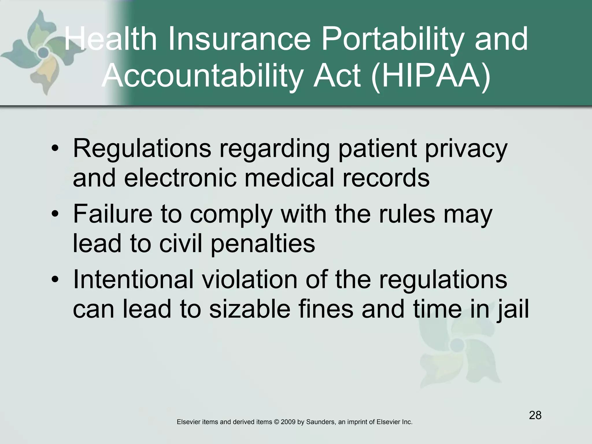 Health Insurance Portability and Accountability Act (HIPAA) Regulations regarding patient privacy and electronic medical records Failure to comply with the rules may lead to civil penalties Intentional violation of the regulations can lead to sizable fines and time in jail 