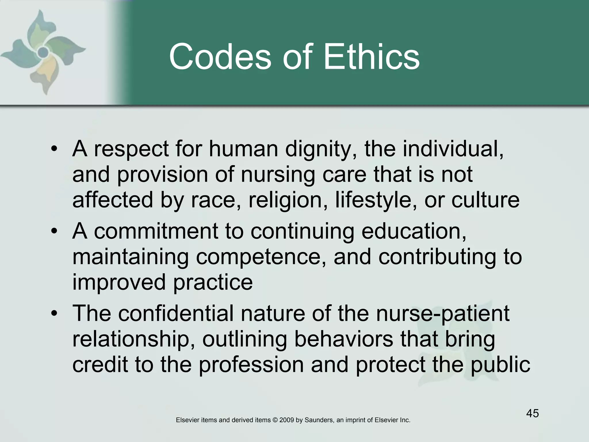 Codes of Ethics A respect for human dignity, the individual, and provision of nursing care that is not affected by race, religion, lifestyle, or culture A commitment to continuing education, maintaining competence, and contributing to improved practice The confidential nature of the nurse-patient relationship, outlining behaviors that bring credit to the profession and protect the public 