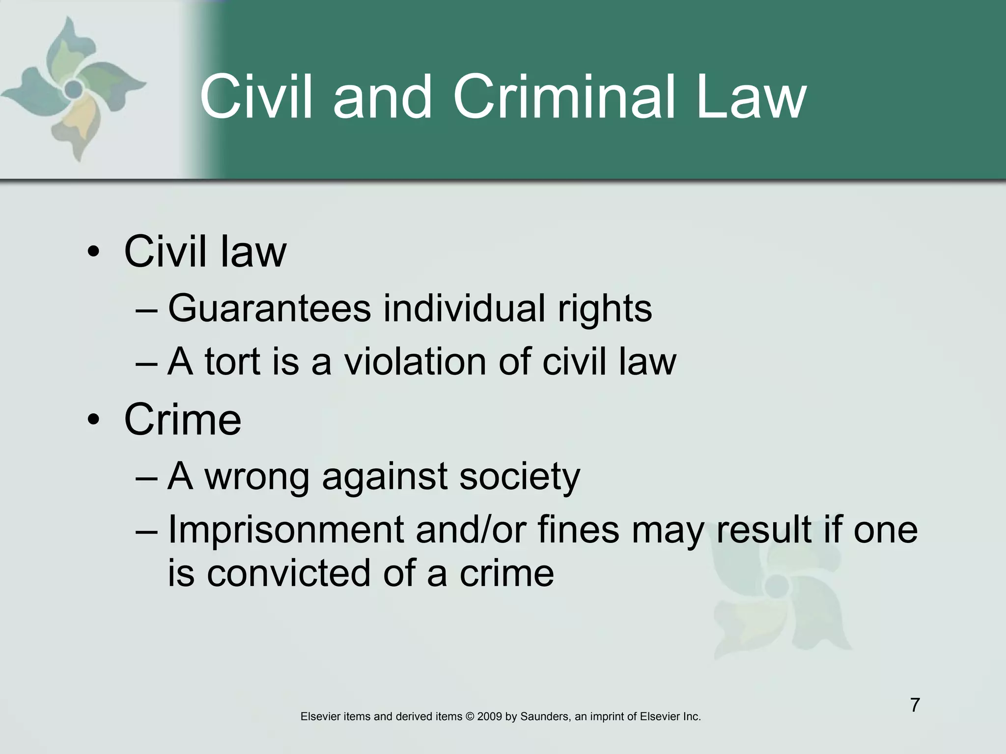 Civil and Criminal Law Civil law Guarantees individual rights A tort is a violation of civil law  Crime A wrong against society Imprisonment and/or fines may result if one is convicted of a crime  