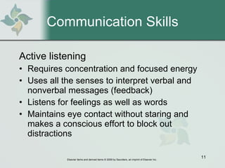 Communication Skills Active listening Requires concentration and focused energy Uses all the senses to interpret verbal and nonverbal messages (feedback) Listens for feelings as well as words Maintains eye contact without staring and makes a conscious effort to block out distractions 