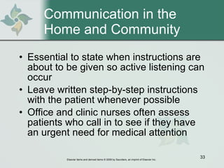 Communication in the  Home and Community Essential to state when instructions are about to be given so active listening can occur Leave written step-by-step instructions with the patient whenever possible  Office and clinic nurses often assess patients who call in to see if they have an urgent need for medical attention  