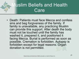 Muslim Beliefs and Health Care Death: Patients must face Mecca and confess sins and beg forgiveness of the family. If family is unavailable, any practicing Muslim can provide this support. After death the body must not be touched until the family has washed it, prepared it, and positioned it facing Mecca. Burial is performed as soon as possible. Cremation is forbidden. Autopsy is forbidden except for legal reasons. Organ donation is not permitted. 