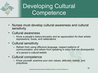 Developing Cultural Competence Nurses must develop cultural awareness and cultural sensitivity  Cultural awareness   Know a people’s history/ancestry and an appreciation for their artistic expressions, foods, and celebrations Cultural sensitivity   Refrain from using offensive language, respect patterns of communication, and refrain from speaking in ways that are disrespectful of a person’s cultural beliefs   Cultural competence   Know yourself; examine your own values, attitudes, beliefs, and prejudices  
