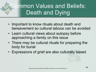 Common Values and Beliefs: Death and Dying Important to know rituals about death and bereavement so cultural taboos can be avoided  Learn cultural views about autopsy before approaching a family on this issue There may be cultural rituals for preparing the body for burial Expressions of grief are also culturally based  