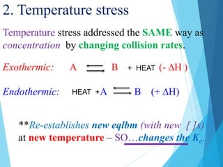 Temperature stress addressed the SAME way as
concentration by changing collision rates.
**Re-establishes new eqlbm (with new [ ]s)
at new temperature – SO…changes the Kc.
Exothermic: A B (- ∆H )
Endothermic: A B (+ ∆H)
HEAT +
+ HEAT
2. Temperature stress
 