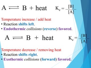 Temperature increase / add heat
• Reaction shifts left.
• Endothermic collisions (reverse) favored.
Temperature decrease / removing heat
• Reaction shifts right.
• Exothermic collisions (forward) favored.
+ heat
heat
A B
+
A B
= [B]
[A]
= [B]
[A]
Kc
Kc
 