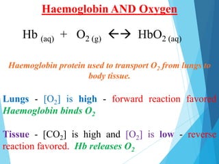 Haemoglobin protein used to transport O2 from lungs to
body tissue.
Lungs - [O2] is high - forward reaction favored
Haemoglobin binds O2
Tissue - [CO2] is high and [O2] is low - reverse
reaction favored. Hb releases O2
Hb (aq) + O2 (g)  HbO2 (aq)
Haemoglobin AND Oxygen
 