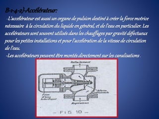 B-1-4-2)-Accélérateur:
-L'accélérateurestaussiunorganedepulsiondestinéà créerla forcemotrice
nécessaire àla circulationduliquideengénéral,et del'eauenparticulier.Les
accélérateurssontsouventutilisésdansles chauffagespargravitédéfectueux
pourles petitesinstallationset pourl'accélérationdela vitessede circulation
del'eau.
-Lesaccélérateurspeuventêtre montésdirectementsur les canalisations.
 
