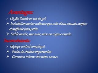 Avantages:
 Dégâtslimitésencas degel.
 Installationmoinscoûteuseque celled'eauchaude,surface
chauffantepluspetite
 Faibleinertie,parsuite,miseenrégimerapide.
Inconvénients:
 Réglagecentralcompliqué.
 Pertesde chaleurimportantes
 Corrosioninternedestubesaccrus.
 