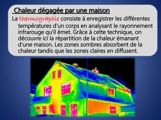 Chaleur dégagée par une maison
La thermographie consiste à enregistrer les différentes
températures d'un corps en analysant le rayonnement
infrarouge qu'il émet. Grâce à cette technique, on
découvre ici la répartition de la chaleur émanant
d'une maison. Les zones sombres absorbent de la
chaleur tandis que les zones claires en diffusent.
 