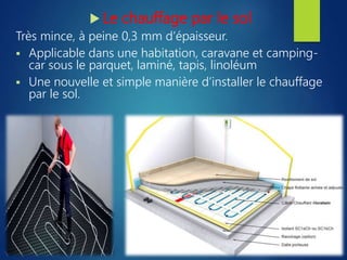  Le chauffage par le sol
Très mince, à peine 0,3 mm d’épaisseur.
 Applicable dans une habitation, caravane et camping-
car sous le parquet, laminé, tapis, linoléum
 Une nouvelle et simple manière d’installer le chauffage
par le sol.
 