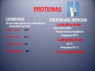 PROTEINAS CASEINAS Grupo heterogéneo de  proteínas que precipitan a pH 4,6 Alfa Caseína  60% Beta Caseína  25% Gama Caseína  10% Kappa Caseína  5% PROTEINAS  SERICAS Lactoalbuminas  menos del 0,05% Rica en lisina y triptófano Coagula a 72°C Lactoglobulinas 0,5 % Precipita a 70° C Inmunoglobulinas 