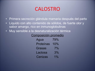 CALOSTRO Primera secreción glándula mamaria después del parto Liquido con alto contenido de sólidos, de fuerte olor y sabor amargo, rico en inmunoglobulinas Muy sensible a la desnaturalización térmica Composición promedio Agua  79% Proteínas  10% Grasas  7% Lactosa  3% Cenizas  1% 