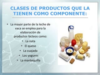 CLASES DE PRODUCTOS QUE LA TIENEN COMO COMPONENTE:La mayor parte de la leche de vaca se emplea para la elaboración de productos lácteos como:La nataEl quesoLa cuajada Los yoguresLa mantequilla