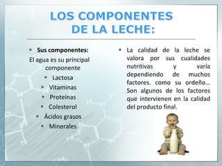 LOS COMPONENTES DE LA LECHE:La calidad de la leche se valora por sus cualidades nutritivas y varía dependiendo de muchos factores. como su ordeño… Son algunos de los factores que intervienen en la calidad del producto final.Sus componentes:El agua es su principal componenteLactosaVitaminasProteínasColesterolÁcidos grasos Minerales