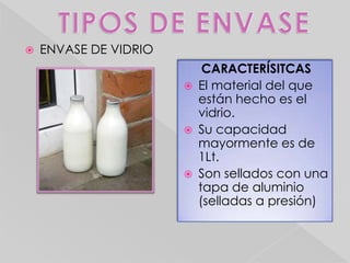    ENVASE DE VIDRIO
                            CARACTERÍSITCAS
                          El material del que
                           están hecho es el
                           vidrio.
                          Su capacidad
                           mayormente es de
                           1Lt.
                          Son sellados con una
                           tapa de aluminio
                           (selladas a presión)
 