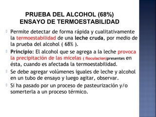 PRUEBA DEL ALCOHOL (68%)
ENSAYO DE TERMOESTABILIDAD
 Permite detectar de forma rápida y cualitativamente
la termoestabilidad de una leche cruda, por medio de
la prueba del alcohol ( 68% ).
 Principio: El alcohol que se agrega a la leche provoca
la precipitación de las micelas ( floculacion)presentes en
ésta, cuando es afectada la termoestabilidad.
 Se debe agregar volúmenes iguales de leche y alcohol
en un tubo de ensayo y luego agitar, observar.
 Si ha pasado por un proceso de pasteurización y/o
somerterla a un proceso térmico.
 