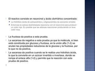  El reactivo consiste en resorcinol y ácido clorhídrico concentrado:
 La hidrólisis ácida de polisacáridos y oligosacáridos da azúcares simples
 Entonces la cetosa deshidratada reacciona con el resorcinol para producir
un color rojo. Es posible que las aldosas reaccionen produciendo un leve
color rosa.
 La fructosa da positiva a esta prueba.
 La sacarosa da negativa a esta prueba ya que la molécula, si bien
está constituida por glucosa y fructosa, en la unión alfa (1-2) se
anulan las propiedades reductoras de la glucosa y la fructosa, por
lo que no da positiva,
 La sacarosa da positiva cuando se le realiza una hidrolisis ácida,
lo que la convierte en un azúcar invertido o invertasa, donde se
rompe el enlace alfa (1-2) y permite que la reacción con esta
prueba dé positivo.

 