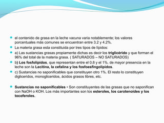 el contenido de grasa en la leche vacuna varia notablemente; los valores
porcentuales más comunes se encuentran entre 3.2 y 4.2%.
 La materia grasa esta constituida por tres tipos de lípidos:
 a) Las sustancias grasas propiamente dichas es decir los triglicérido y que forman el
96% del total de la materia grasa. ( SATURADOS – NO SATURADOS)
 b) Los fosfolípidos, que representan entre el 0.8 y el 1%. de mayor presencia en la
leche son la Lecitina, la cefalina y los fosfoesfingolipidos.
 c) Sustancias no saponificables que constituyen otro 1%. El resto lo constituyen
digliceridos, monogliceridos, ácidos grasos libres, etc.
 Sustancias no saponificables • Son constituyentes de las grasas que no saponifican
con NaOH o KOH. Los más importantes son los esteroles, los carotenoides y los
tocoferoles.
 
