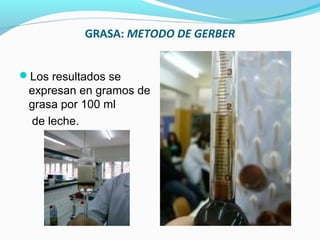 GRASA: METODO DE GERBER
Los resultados se
expresan en gramos de
grasa por 100 ml
de leche.
 