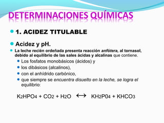 1. ACIDEZ TITULABLE
Acidez y pH.
 La leche recién ordeñada presenta reacción anfótera, al tornasol,
debido al equilibrio de las sales ácidas y alcalinas que contiene.
Los fosfatos monobásicos (ácidos) y
los dibásicos (alcalinos),
con el anhídrido carbónico,
que siempre se encuentra disuelto en la leche, se logra el
equilibrio:
K2HPO4 + CO2 + H2O ↔ KH2P04 + KHCO3
 