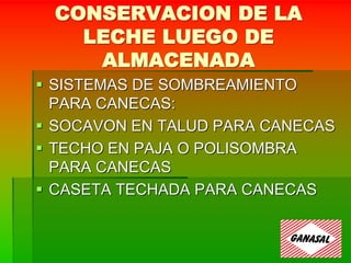 CONSERVACION DE LA
LECHE LUEGO DE
ALMACENADA
 SISTEMAS DE SOMBREAMIENTO
PARA CANECAS:
 SOCAVON EN TALUD PARA CANECAS
 TECHO EN PAJA O POLISOMBRA
PARA CANECAS
 CASETA TECHADA PARA CANECAS
 