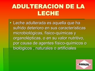 ADULTERACION DE LA
LECHE
 Leche adulterada es aquella que ha
sufrido deterioro en sus características
microbiológicas, físico-químicas y
organolépticas, o en su valor nutritivo,
por causa de agentes físico-químicos o
biológicos , naturales o artificiales
 