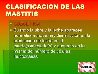CLASIFICACION DE LAS
MASTITIS
 SUBCLINICA
 Cuando la ubre y la leche aparecen
normales aunque hay disminución en la
producción de leche en el
cuarto(s)afectado(s) y aumento en la
misma del número de células
leucocitarias
 