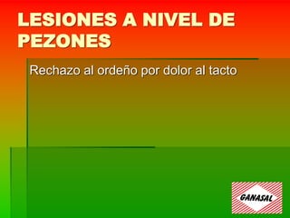 LESIONES A NIVEL DE
PEZONES
Rechazo al ordeño por dolor al tacto
 