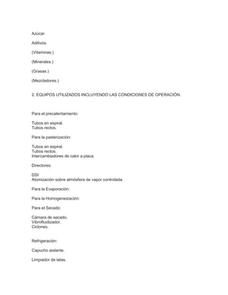 Azúcar.
Aditivos.
(Vitaminas.)
(Minerales.)
(Grasas.)
(Mezcladores.)
2. EQUIPOS UTILIZADOS INCLUYENDO LAS CONDICIONES DE OPERACIÓN.
Para el precalentamiento:
Tubos en espiral.
Tubos rectos.
Para la pasterización:
Tubos en espiral.
Tubos rectos.
Intercambiadores de calor a placa.
Directores:
DSI
Atomización sobre atmósfera de vapor controlada.
Para la Evaporación:
Para la Homogeneización:
Para el Secado:
Cámara de secado.
Vibrofluidizador.
Ciclones.
Refrigeración:
Capucho aislante.
Limpiador de latas.
 