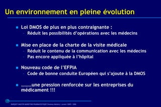 Un environnement en pleine évolution

           Loi DMOS de plus en plus contraignante :
               – Réduit les possibilités d’opérations avec les médecins

           Mise en place de la charte de la visite médicale
               – Réduit le contenu de la communication avec les médecins
               – Pas encore appliquée à l’hôpital

           Nouveau code de l’EFPIA
               – Code de bonne conduite Européen qui s’ajoute à la DMOS

           ………une pression renforcée sur les entreprises du
            médicament !!!

 BARQUET/MASTER MARKETING PHARMACEUTIQUE Chatenay Malabry / promo /2005 / 2006
 