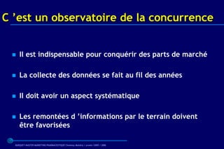 C ’est un observatoire de la concurrence


    Il est indispensable pour conquérir des parts de marché

    La collecte des données se fait au fil des années

    Il doit avoir un aspect systématique

    Les remontées d ’informations par le terrain doivent
     être favorisées

  BARQUET/MASTER MARKETING PHARMACEUTIQUE Chatenay Malabry / promo /2005 / 2006
 