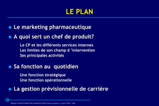 LE PLAN

   Le marketing pharmaceutique
   A quoi sert un chef de produit?
     – Le CP et les différents services internes
     – Les limites de son champ d ’intervention
     – Ses principales activités

   Sa fonction au quotidien
     – Une fonction stratégique
     – Une fonction opérationnelle

   La gestion prévisionnelle de carrière

BARQUET/MASTER MARKETING PHARMACEUTIQUE Chatenay Malabry / promo /2005 / 2006
 