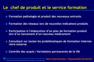 Le chef de produit et le service formation

    Formation pathologie et produit des nouveaux entrants

    Formation des réseaux lors de nouvelles indications produits

    Participation à l’élaboration d’un plan de formation produit
     lors d’un lancement d’un nouveau médicament

    Consultant sur toutes les problématiques de formation internes
     voire externe

    Contrôle des acquis / formations permanente de la VM

 BARQUET/MASTER MARKETING PHARMACEUTIQUE Chatenay Malabry / promo /2005 / 2006
                                                                                 Votre interlocuteur : Responsable formation
 