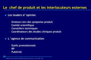 Le chef de produit et les interlocuteurs externes

    Les leaders d ’opinion

      –    Orateurs lors des symposias produit
      –    Comité scientifique
      –    Conseillers techniques
      –    Coordinateurs des études cliniques produit

    L ’agence de communication

      – Outils promotionnels
      – RP
      – Publicité

 BARQUET/MASTER MARKETING PHARMACEUTIQUE Chatenay Malabry / promo /2005 / 2006
 