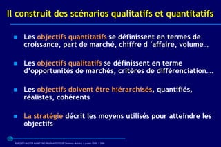 Il construit des scénarios qualitatifs et quantitatifs

        Les objectifs quantitatifs se définissent en termes de
         croissance, part de marché, chiffre d ’affaire, volume…

        Les objectifs qualitatifs se définissent en terme
         d’opportunités de marchés, critères de différenciation….

        Les objectifs doivent être hiérarchisés, quantifiés,
         réalistes, cohérents

        La stratégie décrit les moyens utilisés pour atteindre les
         objectifs

  BARQUET/MASTER MARKETING PHARMACEUTIQUE Chatenay Malabry / promo /2005 / 2006
 