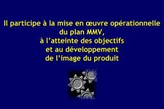 Il participe à la mise en œuvre opérationnelle
                   du plan MMV,
            à l’atteinte des objectifs
              et au développement
              de l’image du produit
 
