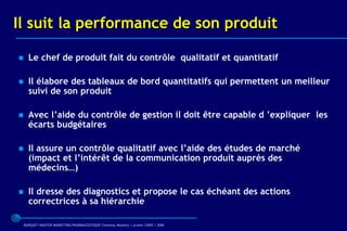 Il suit la performance de son produit

     Le chef de produit fait du contrôle qualitatif et quantitatif

     Il élabore des tableaux de bord quantitatifs qui permettent un meilleur
      suivi de son produit

     Avec l’aide du contrôle de gestion il doit être capable d ’expliquer les
      écarts budgétaires

     Il assure un contrôle qualitatif avec l’aide des études de marché
      (impact et l’intérêt de la communication produit auprès des
      médecins…)

     Il dresse des diagnostics et propose le cas échéant des actions
      correctrices à sa hiérarchie

    BARQUET/MASTER MARKETING PHARMACEUTIQUE Chatenay Malabry / promo /2005 / 2006
 