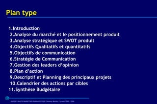 Plan type

1.Introduction
 2.Analyse du marché et le positionnement produit
 3.Analyse stratégique et SWOT produit
 4.Objectifs Qualitatifs et quantitatifs
 5.Objectifs de communication
 6.Stratégie de Communication
 7.Gestion des leaders d’opinion
 8.Plan d’action
 9.Descriptif et Planning des principaux projets
 10.Calendrier des actions par cibles
11.Synthèse Budgétaire

 BARQUET/MASTER MARKETING PHARMACEUTIQUE Chatenay Malabry / promo /2005 / 2006
 