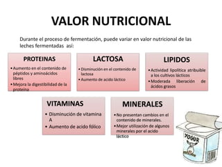 VALOR NUTRICIONAL
Durante el proceso de fermentación, puede variar en valor nutricional de las
leches fermentadas así:

PROTEINAS

LACTOSA

LIPIDOS

• Aumento en el contenido de
péptidos y aminoácidos
libres
• Mejora la digestibilidad de la
proteína

• Disminución en el contenido de
lactosa
• Aumento de acido láctico

• Actividad lipolítica atribuible
a los cultivos lácticos
• Moderada liberación de
ácidos grasos

VITAMINAS
• Disminución de vitamina
A
• Aumento de acido fólico

MINERALES
• No presentan cambios en el
contenido de minerales.
• Mejor utilización de algunos
minerales por el acido
láctico

 