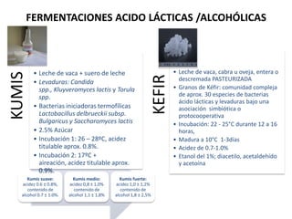 • Leche de vaca + suero de leche
• Levaduras: Candida
spp., Kluyveromyces lactis y Torula
spp.
• Bacterias iniciadoras termofílicas
Lactobacillus delbrueckii subsp.
Bulgaricus y Saccharomyces lactis
• 2.5% Azúcar
• Incubación 1: 26 – 28ºC, acidez
titulable aprox. 0.8%.
• Incubación 2: 17ºC +
aireación, acidez titulable aprox.
0.9%.

Kumis suave:
acidez 0.6 ± 0.8%,
contenido de
alcohol 0.7 ± 1.0%.

Kumis medio:
acidez 0,8 ± 1,0%
contenido de
alcohol 1,1 ± 1,8%

Kumis fuerte:
acidez 1,0 ± 1,2%
contenido de
alcohol 1,8 ± 2,5%

KEFIR

KUMIS

FERMENTACIONES ACIDO LÁCTICAS /ALCOHÓLICAS

• Leche de vaca, cabra u oveja, entera o
descremada PASTEURIZADA
• Granos de Kéfir: comunidad compleja
de aprox. 30 especies de bacterias
ácido lácticas y levaduras bajo una
asociación simbiótica o
protocooperativa
• Incubación: 22 - 25°C durante 12 a 16
horas,
• Madura a 10°C 1-3días
• Acidez de 0.7-1.0%
• Etanol del 1%; diacetilo, acetaldehído
y acetoína

 