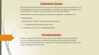 Tratamiento Térmico
Elpropósito del tratamiento térmico es la destrucción casi completa de los
microorganismos que hay contenidos en la leche. Un efecto adicional es la
inactivación en mayor o menor grado de los enzimas lácteos.
Dependiendo de la temperatura y tiempo empleado se clasifican en:
• Pasterización.
• Esterilización. Dentro de esta nos encontramos:
1. - Laesterilización propiamente dicha
2. Eltratamiento UHT o ultrapasterización
Homogeneización
Antes o después del tratamiento térmico se realiza la homogeneización.
Con la homogeneización se reduce el tamaño de los glóbulos grasos
favoreciendo una distribución uniforme de la materia grasa a la vez que se
evita la separación de la nata.
 