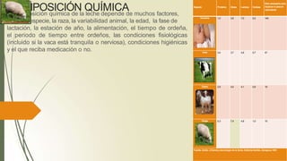 COMPOSICIÓN QUÍMICA
Lacomposición química de la leche depende de muchos factores,
como la especie, la raza, la variabilidad animal, la edad, la fase de
lactación, la estación de año, la alimentación, el tiempo de ordeña,
el periodo de tiempo entre ordeños, las condiciones fisiológicas
(incluido si la vaca está tranquila o nerviosa), condiciones higiénicas
y el que reciba medicación o no.
Especie Proteína Grasa Lactosa Cenizas
Días necesarios para
duplicarel pesoal
nacimiento
Humana 1,0 3,8 7,0 0,2 140
Vaca 3,4 3,7 4,8 0,7 47
Cabra 2,9 4,5 4,1 0,8 19
Oveja 5,3 7,4 4,8 1,0 10
Fuente: Amito J.Cienciaytecnología de la leche. EditorialAcribia. Zaragoza,1991
 