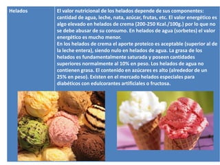 Helados   El valor nutricional de los helados depende de sus componentes:
          cantidad de agua, leche, nata, azúcar, frutas, etc. El valor energético es
          algo elevado en helados de crema (200-250 Kcal./100g.) por lo que no
          se debe abusar de su consumo. En helados de agua (sorbetes) el valor
          energético es mucho menor.
          En los helados de crema el aporte proteico es aceptable (superior al de
          la leche entera), siendo nulo en helados de agua. La grasa de los
          helados es fundamentalmente saturada y poseen cantidades
          superiores normalmente al 10% en peso. Los helados de agua no
          contienen grasa. El contenido en azúcares es alto (alrededor de un
          25% en peso). Existen en el mercado helados especiales para
          diabéticos con edulcorantes artificiales o fructosa.
 