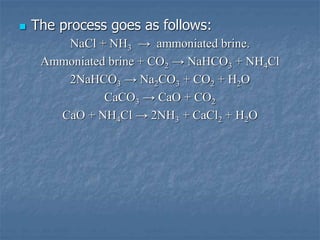  The process goes as follows:
NaCl + NH3 → ammoniated brine.
Ammoniated brine + CO2 → NaHCO3 + NH4Cl
2NaHCO3 → Na2CO3 + CO2 + H2O
CaCO3 → CaO + CO2
CaO + NH4Cl → 2NH3 + CaCl2 + H2O
 