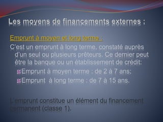 Emprunt à moyen et long terme :
C’est un emprunt à long terme, constaté auprès
d’un seul ou plusieurs prêteurs. Ce dernier peut
être la banque ou un établissement de crédit:
Emprunt à moyen terme : de 2 à 7 ans;
Emprunt à long terme : de 7 à 15 ans.
L’emprunt constitue un élément du financement
permanent (classe 1).
 