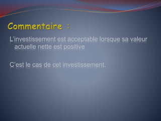 L’investissement est acceptable lorsque sa valeur
actuelle nette est positive
C’est le cas de cet investissement.
 