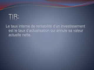 Le taux interne de rentabilité d’un investissement
est le taux d’actualisation qui annule sa valeur
actuelle nette.
 