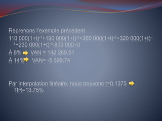 Reprenons l’exemple précédent
110 000(1+t)-1+190 000(1+t)-2+360 000(1+t)-3+320 000(1+t)-
4+230 000(1+t)-5-800 000=0
À 8% VAN = 142 269,51
À 14% VAN= -5 399,74
Par interpolation linéaire, nous trouvons t=0,1375
TIR=13,75%
 