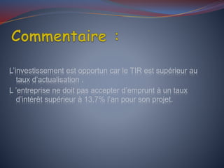 L’investissement est opportun car le TIR est supérieur au
taux d’actualisation .
L ’entreprise ne doit pas accepter d’emprunt à un taux
d’intérêt supérieur à 13,7% l’an pour son projet.
 